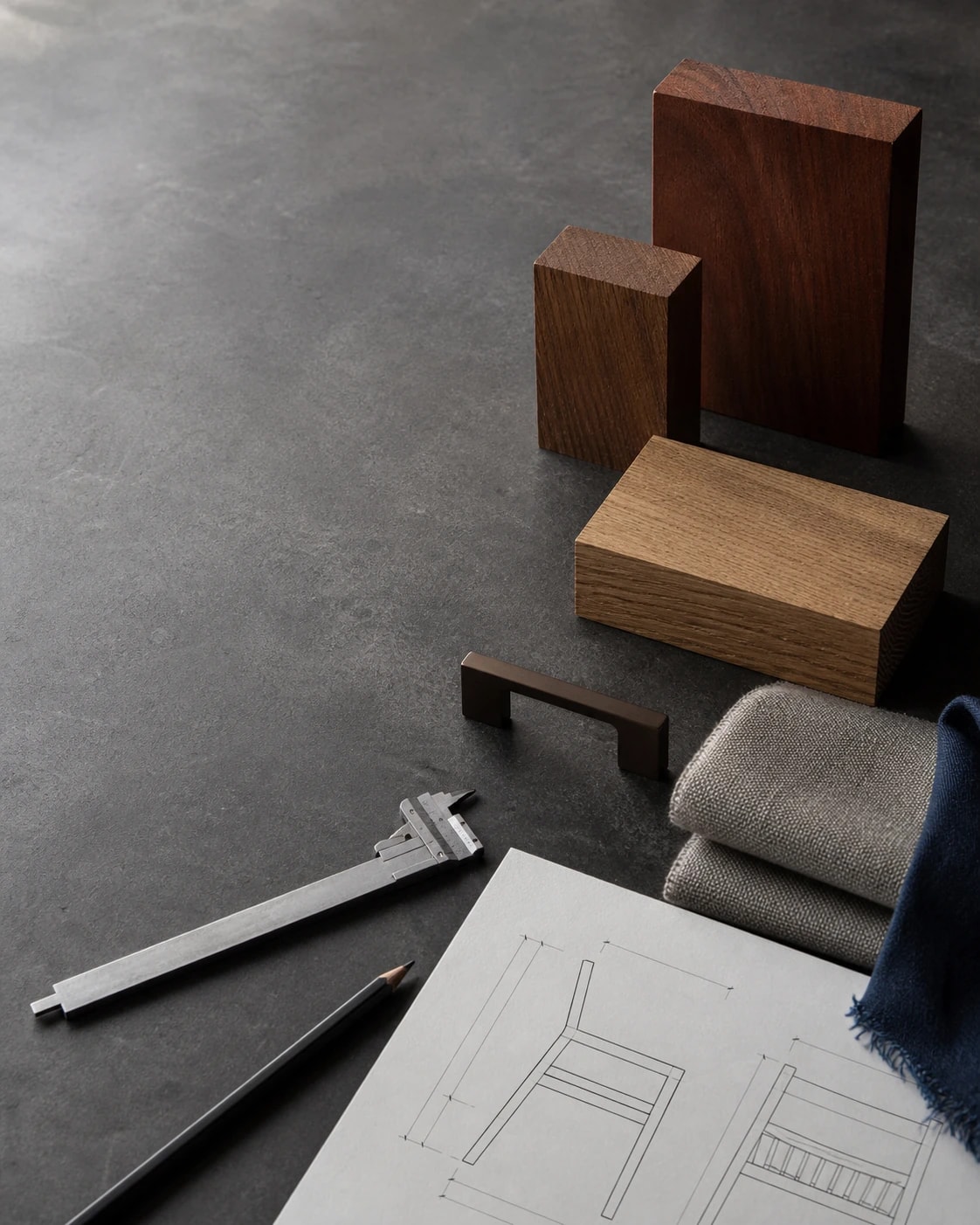 Editorial furniture material desk with timber, upholstery, hardware and a technical drawing
