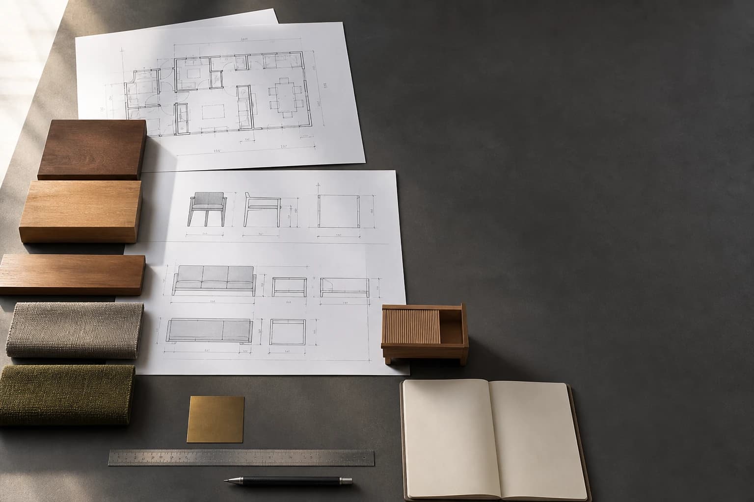 Editorial project briefing table with drawings, timber samples, textiles and hardware