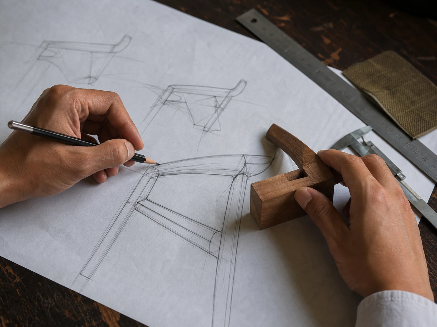 Editorial visualization of a hand-drawn chair study beside a teak joint model