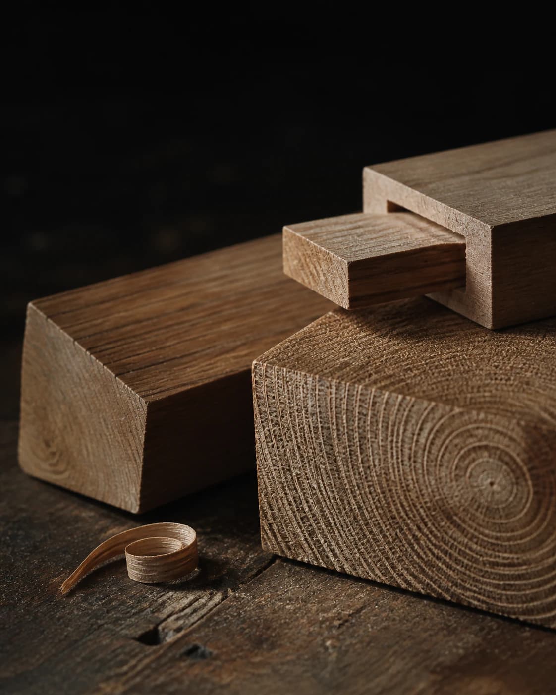 Editorial visualization of plantation teak end grain and a precise mortise-and-tenon detail