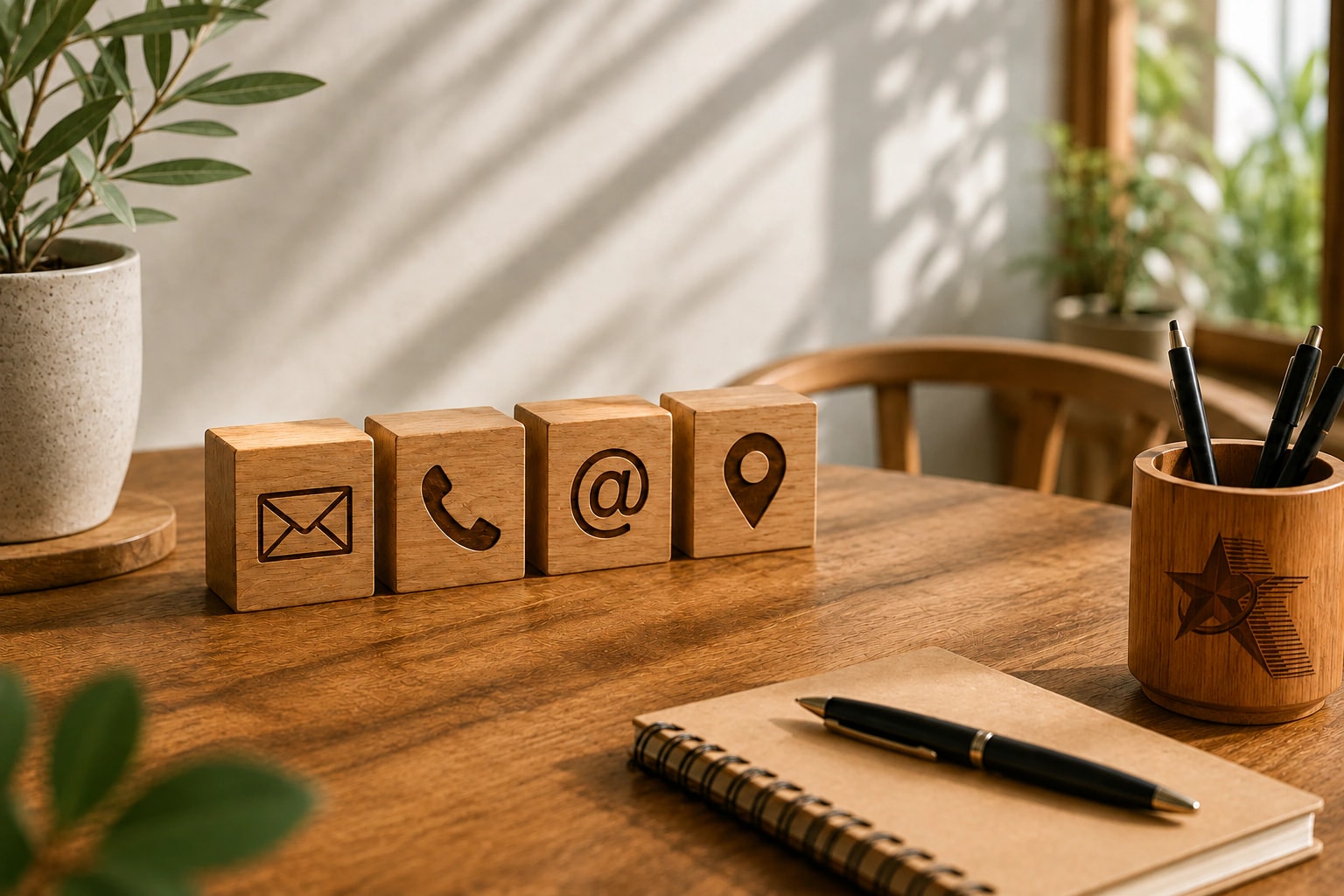 Wooden contact symbols for email, phone, online enquiries and location