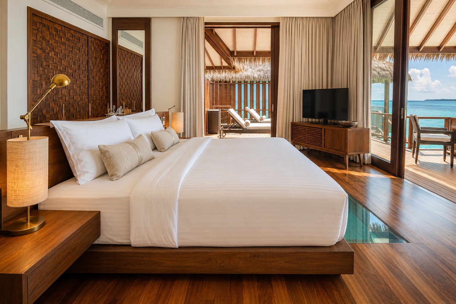 Custom teak hospitality furniture in an oceanfront resort bedroom