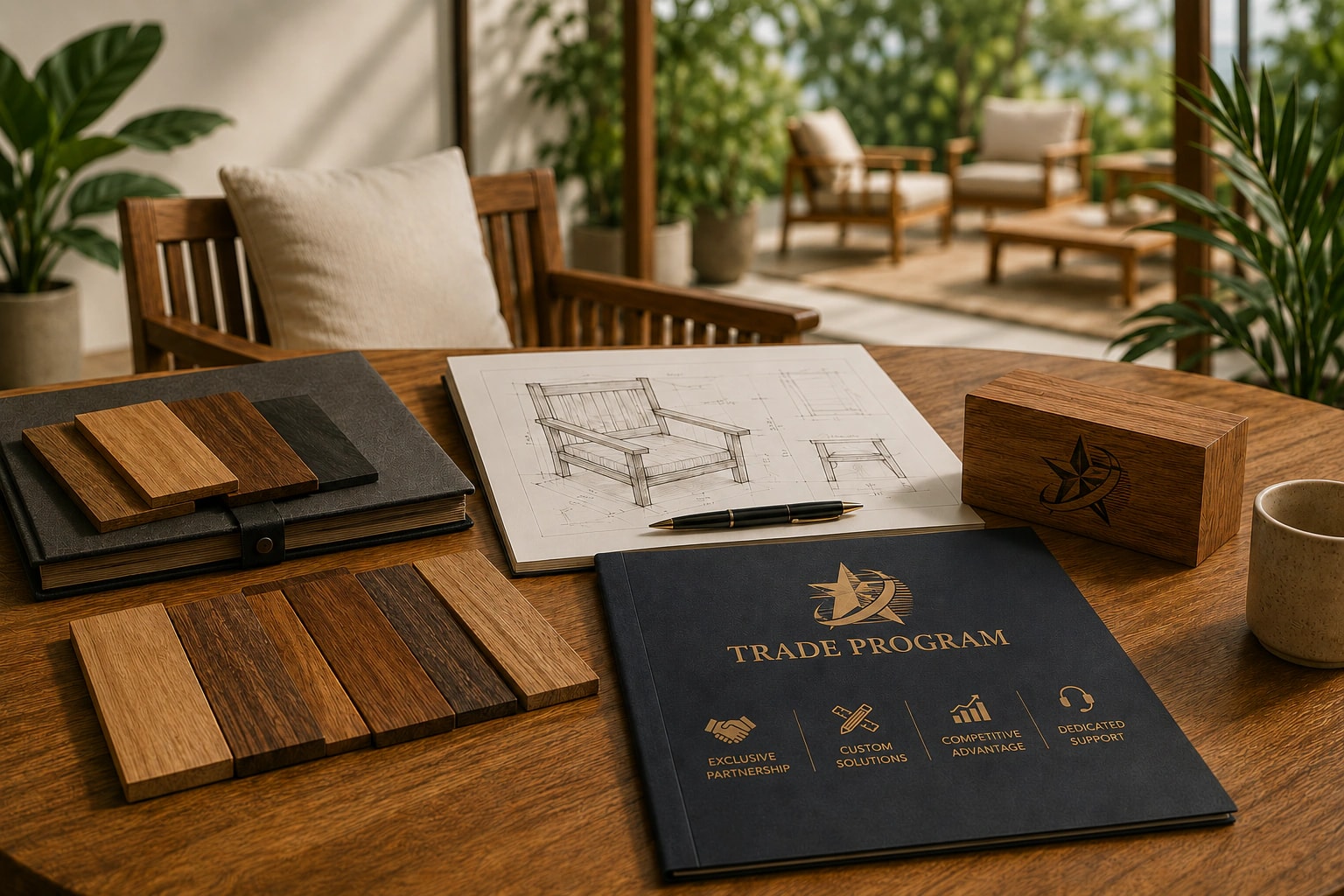 Furniture trade program materials, wood samples, and custom chair drawing