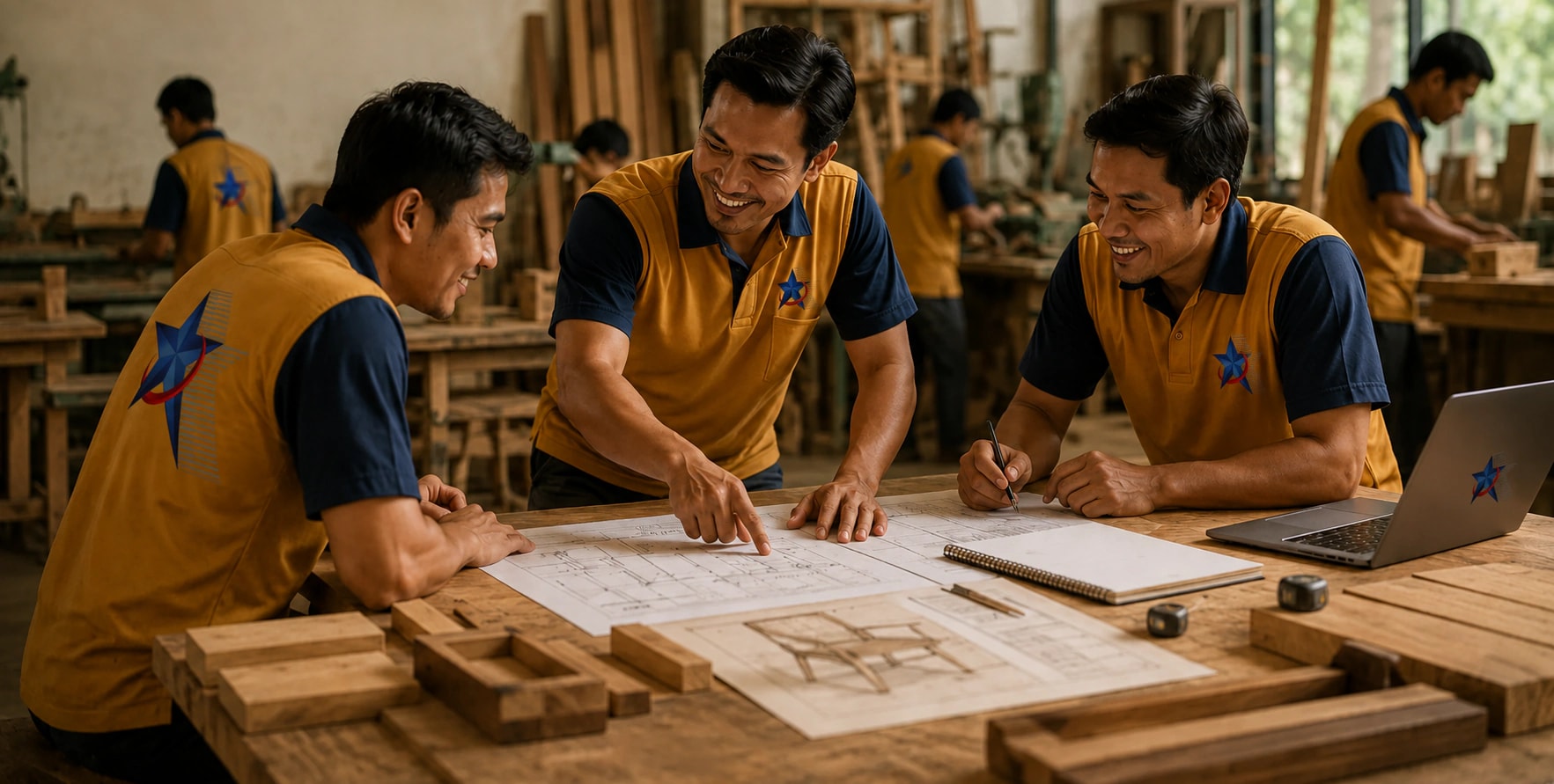 Starwood Furniture Indonesia team reviewing custom furniture drawings in Jepara