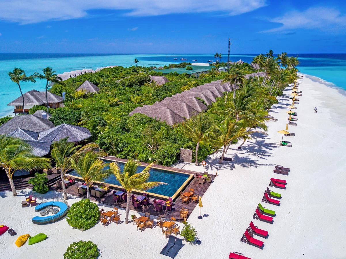 Tropical island resort surrounded by established coastal vegetation