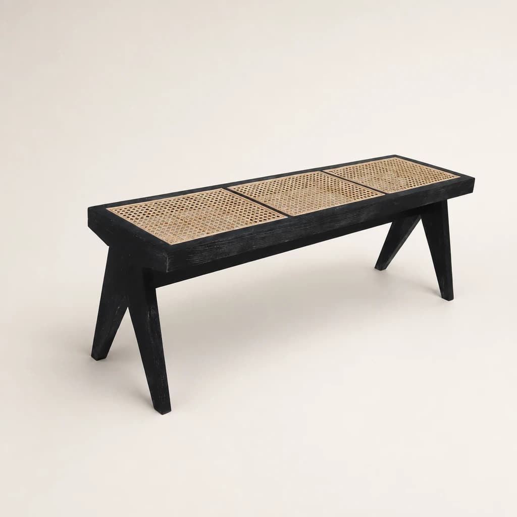 Black-Finished Cane Panel Bench by Starwood Furniture