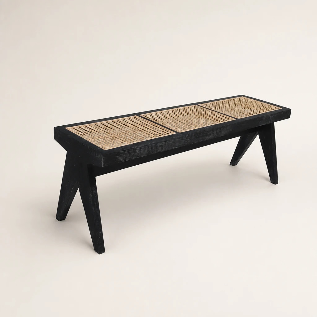 Black-Finished Cane Panel Bench, custom furniture manufactured in Jepara, Indonesia - Image 1