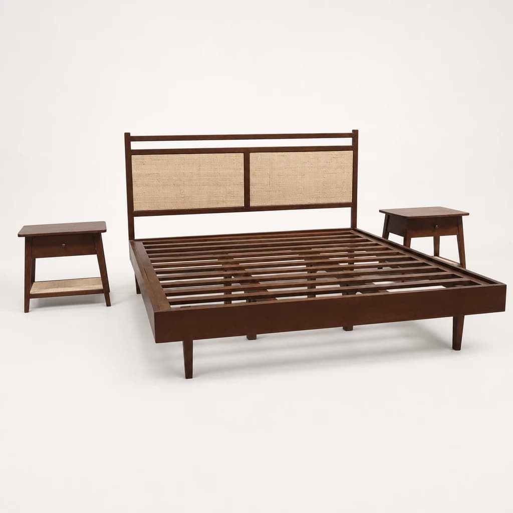 Cane Headboard Teak Platform Bed, custom furniture manufactured in Jepara, Indonesia - Image 1