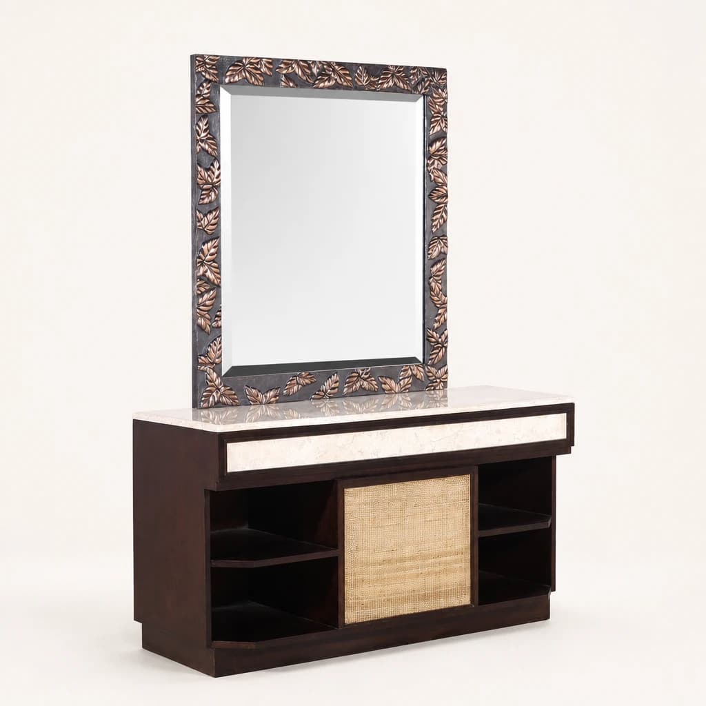 Carved Teak Dressing Console with Mirror, custom furniture manufactured in Jepara, Indonesia - Image 1