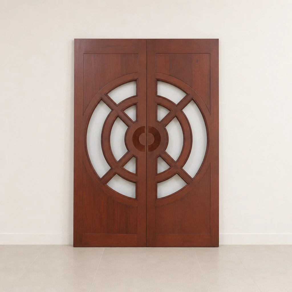 Circular Glazed Teak Double Entrance Door, custom furniture manufactured in Jepara, Indonesia - Image 1