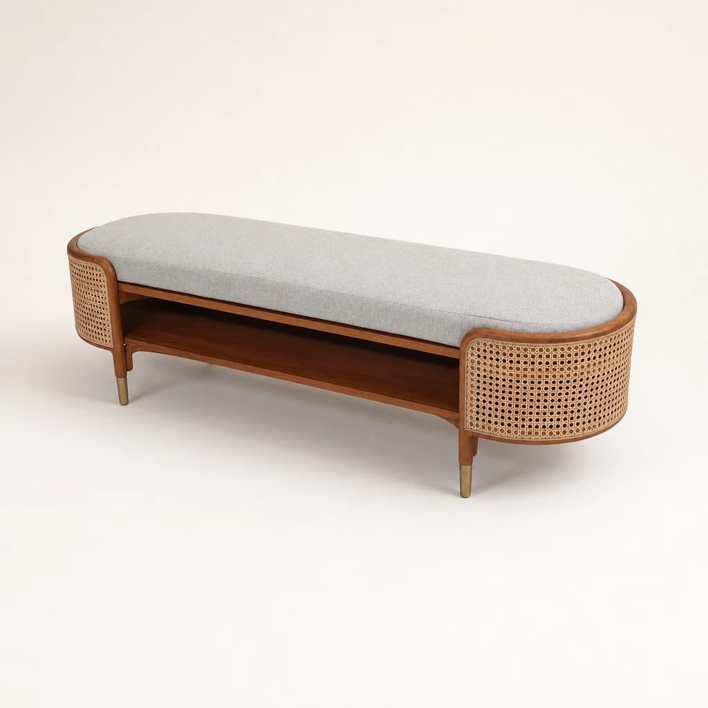 Curved Cane-End Teak Upholstered Bench, custom furniture manufactured in Jepara, Indonesia - Image 1