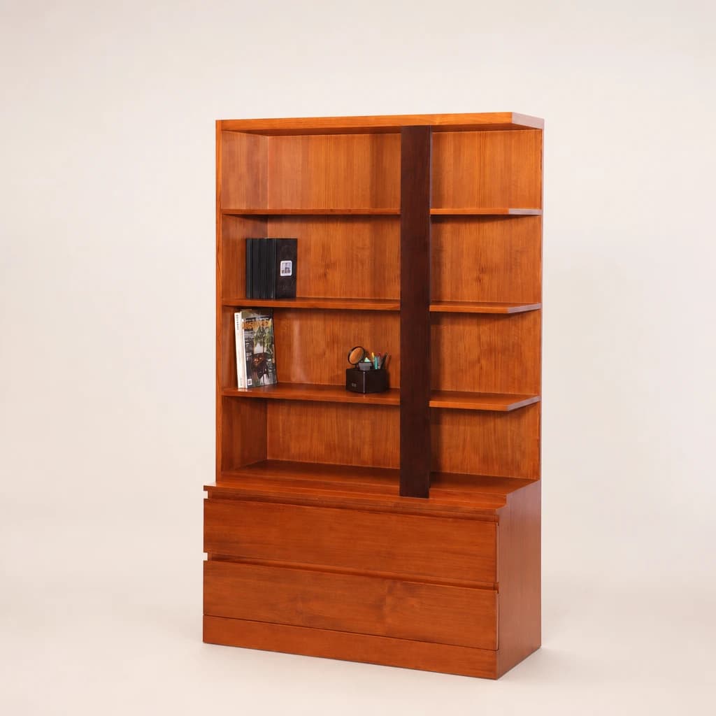 Double-Bay Teak Bookcase with Drawers, custom furniture manufactured in Jepara, Indonesia - Image 1