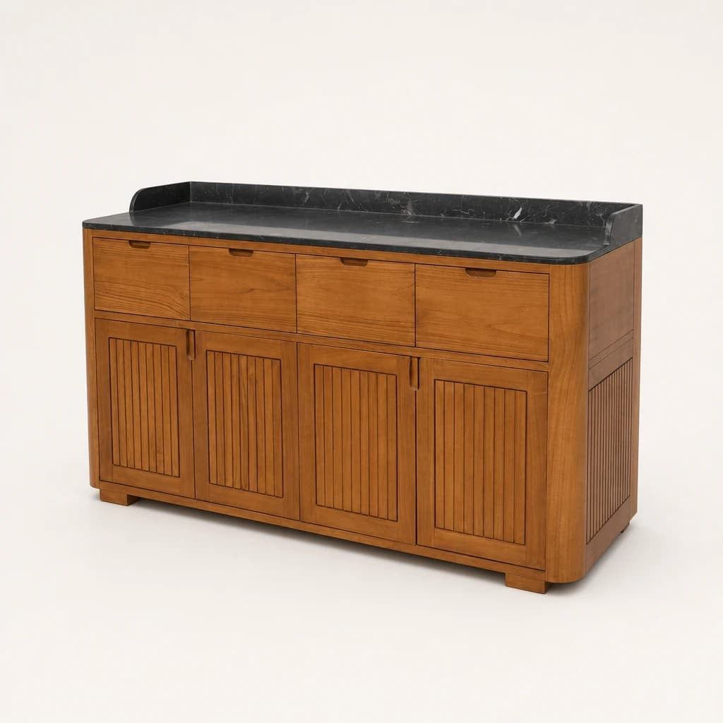 Fluted Teak Reception Cabinet with Dark Top by Starwood Furniture