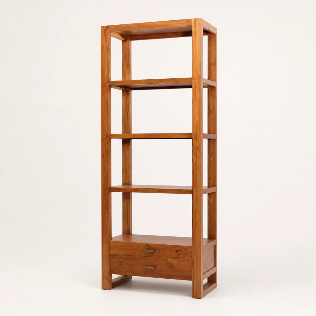 Four-Tier Teak Bookcase with Drawer, custom furniture manufactured in Jepara, Indonesia - Image 1