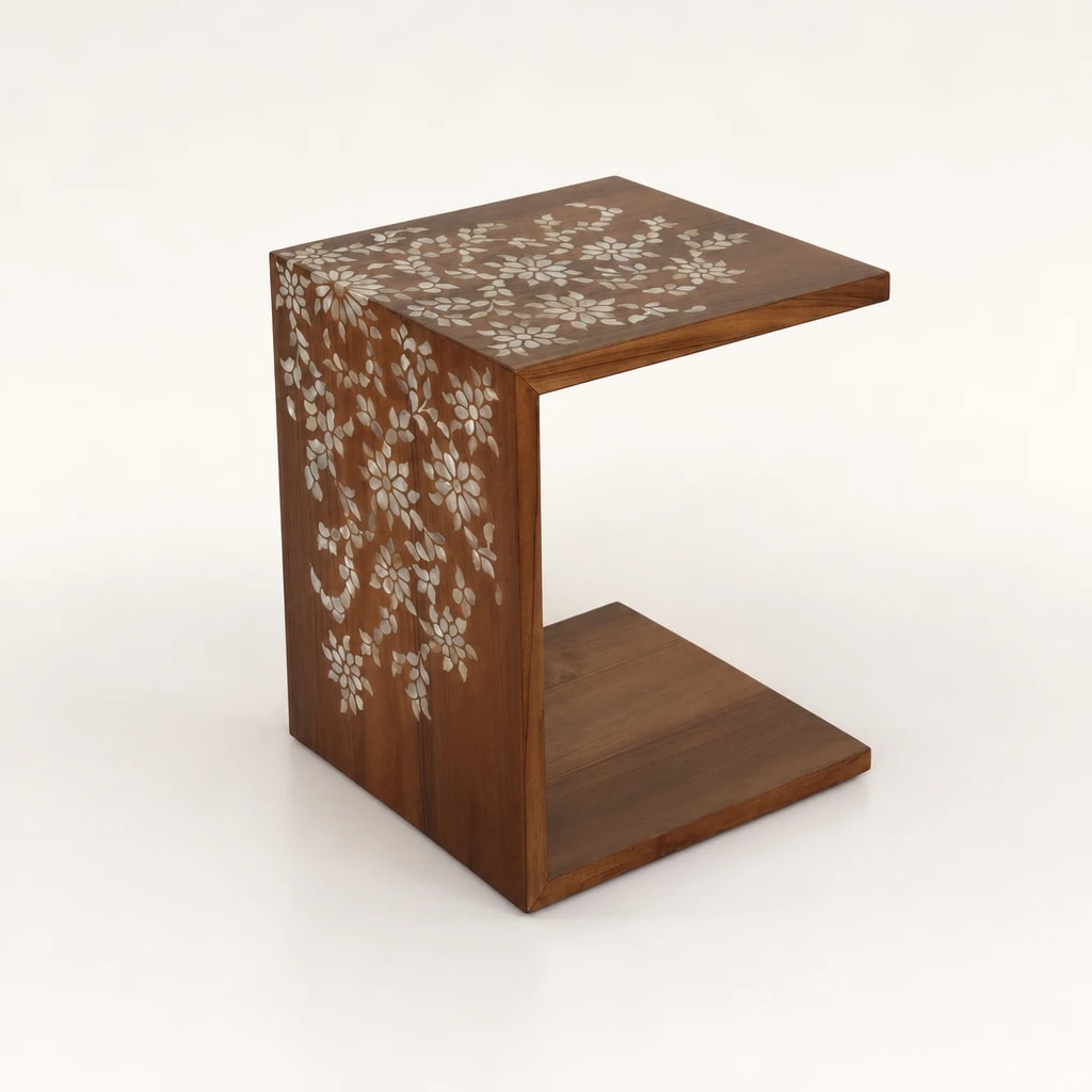 Inlaid C-Shaped Teak Bedside Table Inlaid C-Shaped Teak Bedside Table by Starwood Furniture Indonesia