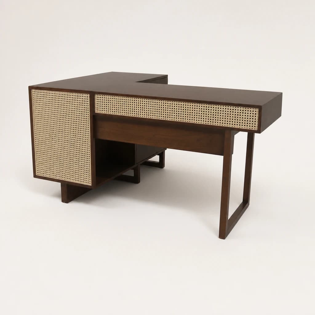 L-Shaped Cane Front Teak Desk by Starwood Furniture