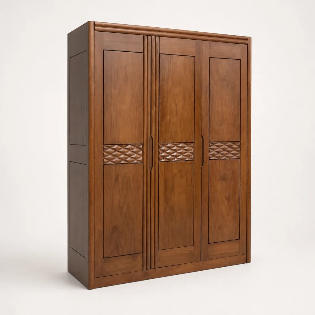 Lattice Detail Three-Door Teak Wardrobe by Starwood Furniture