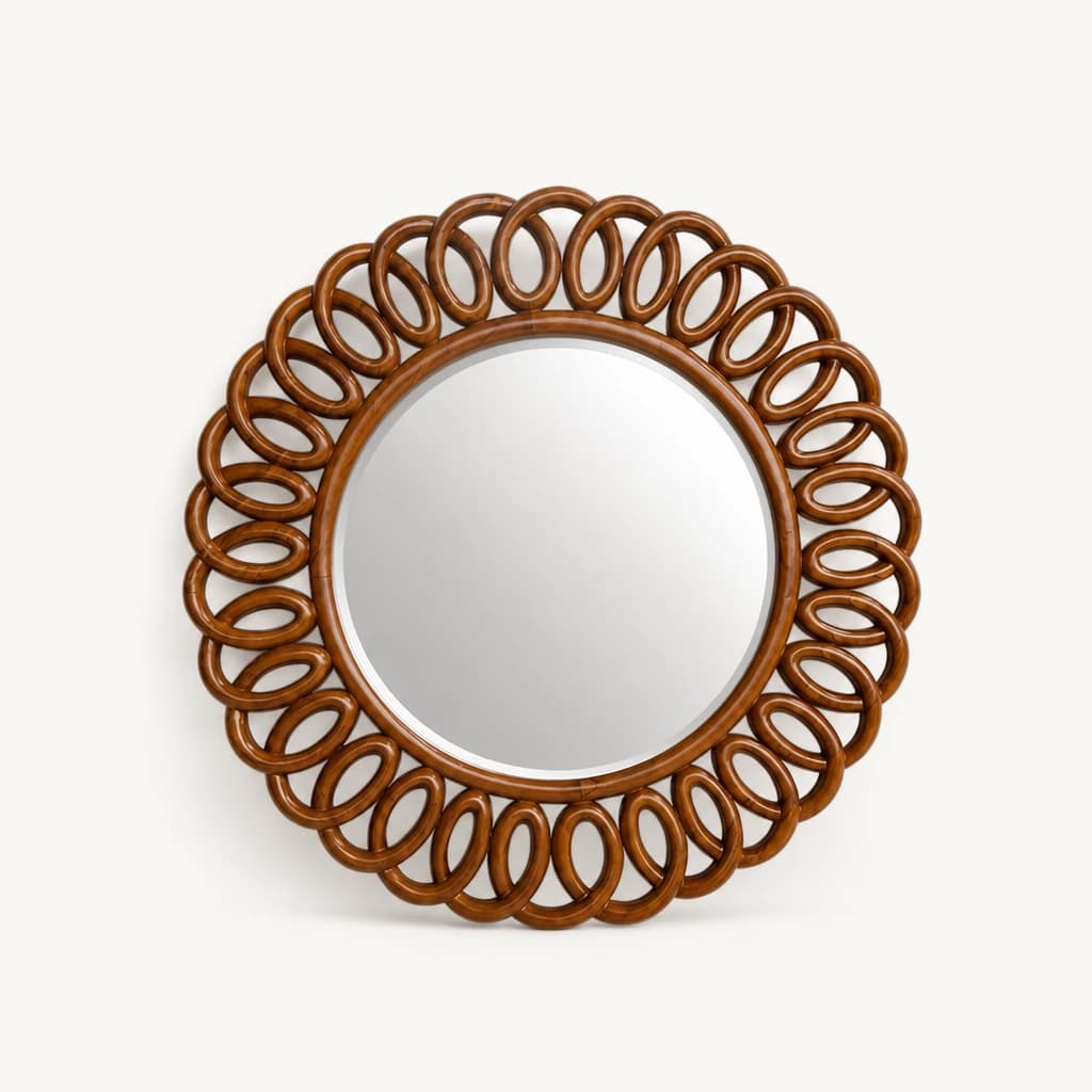Loop-Carved Round Teak Wall Mirror by Starwood Furniture