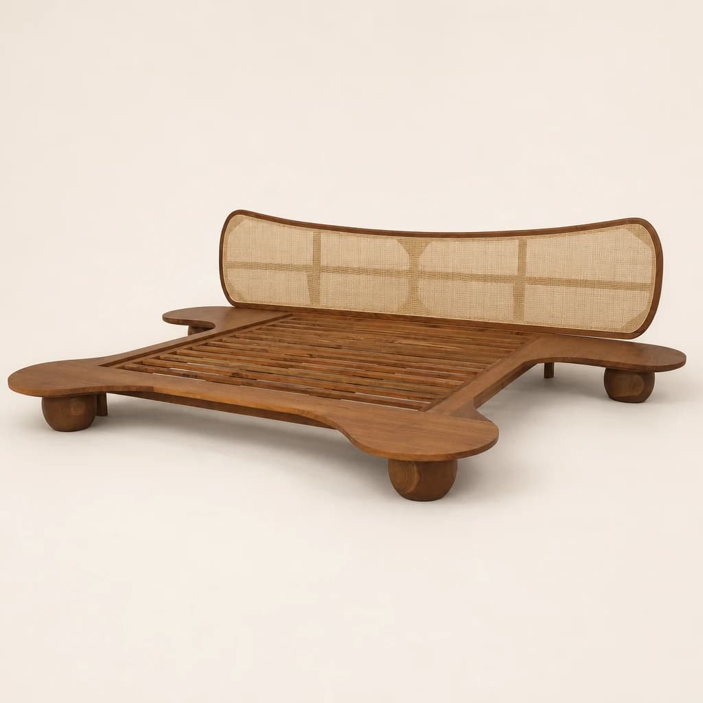 Low Platform Teak Bed with Cane Headboard, custom furniture manufactured in Jepara, Indonesia - Image 1