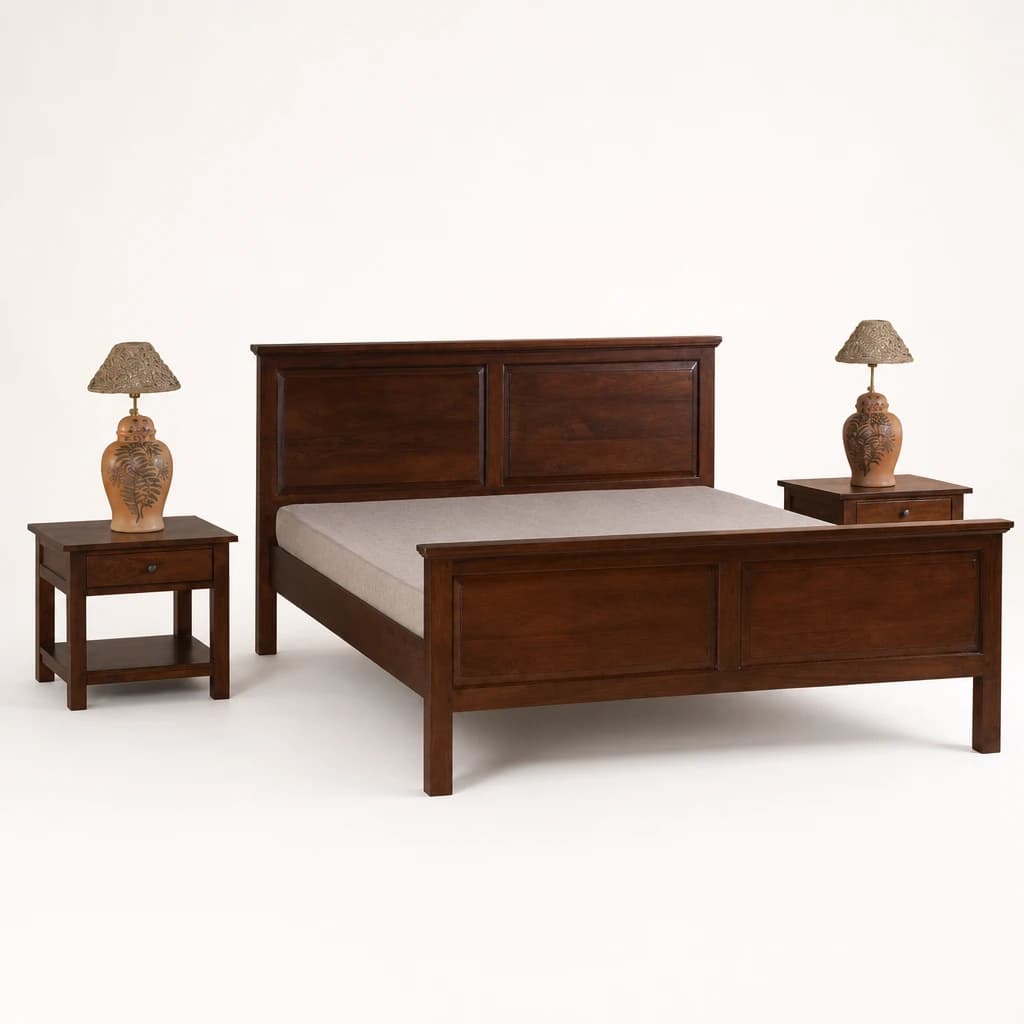 Panelled Teak Bed and Nightstand Set by Starwood Furniture
