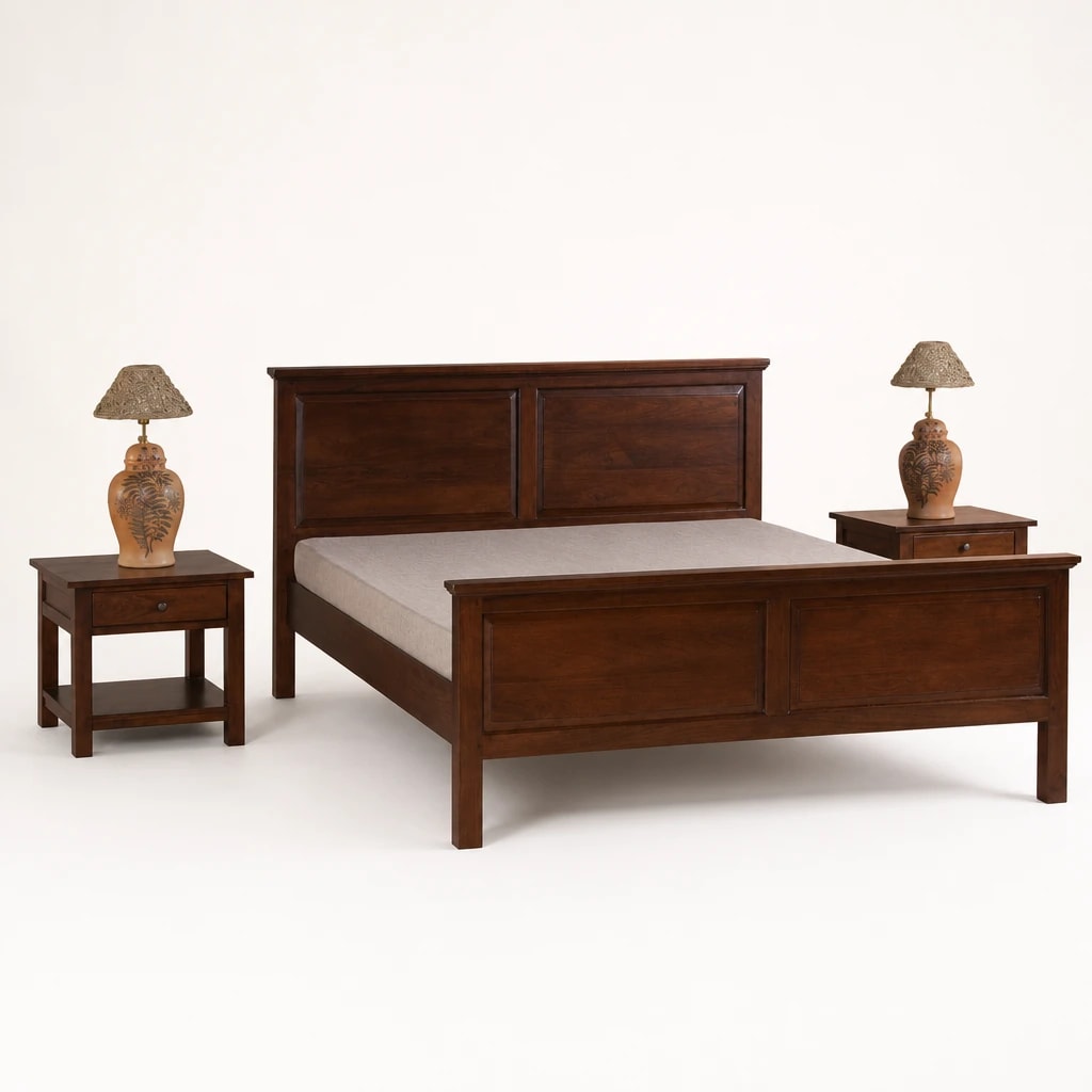 Panelled Teak Bed and Nightstand Set by Starwood Furniture