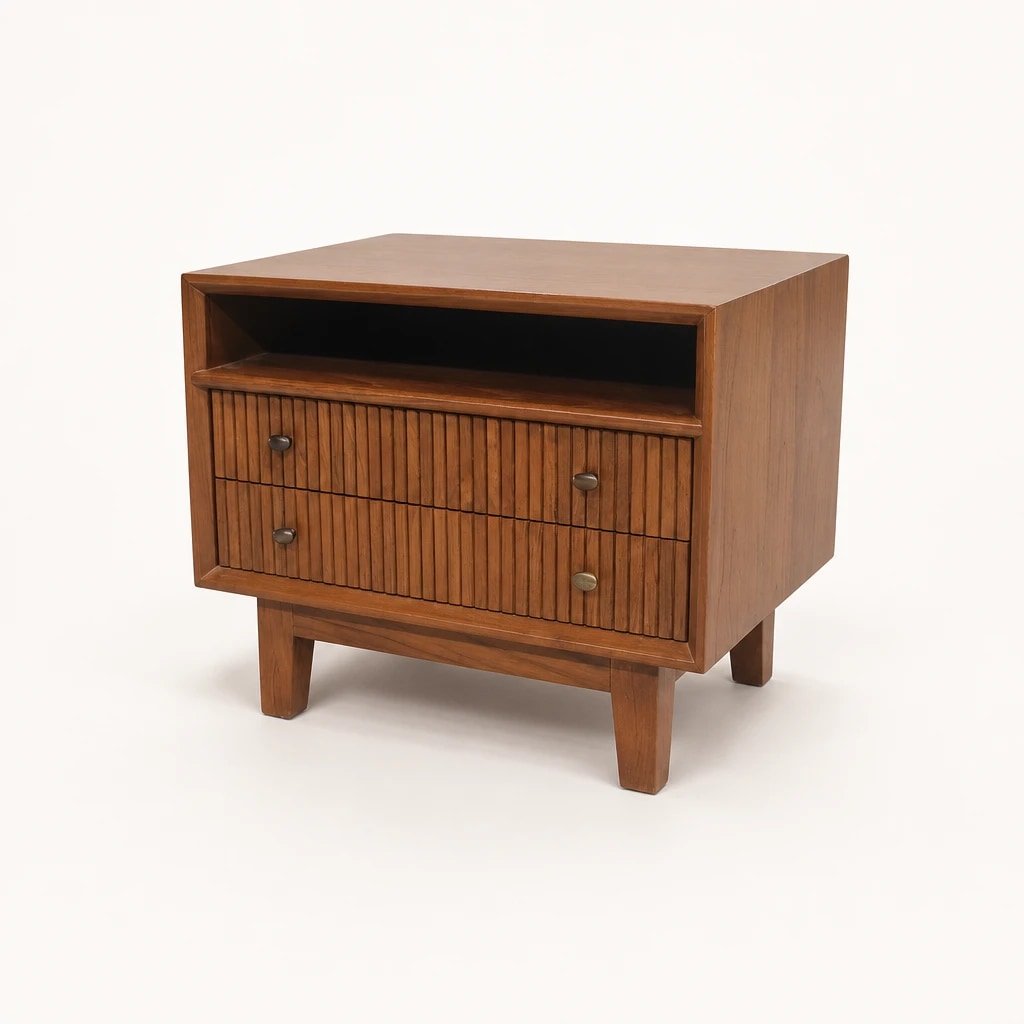 Reeded Two-Drawer Teak Bedside Table, custom furniture manufactured in Jepara, Indonesia - Image 1