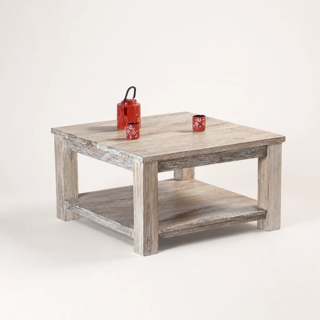 Rustic Square Teak Coffee Table with Shelf by Starwood Furniture