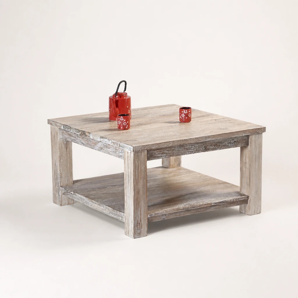Rustic Square Teak Coffee Table with Shelf by Starwood Furniture