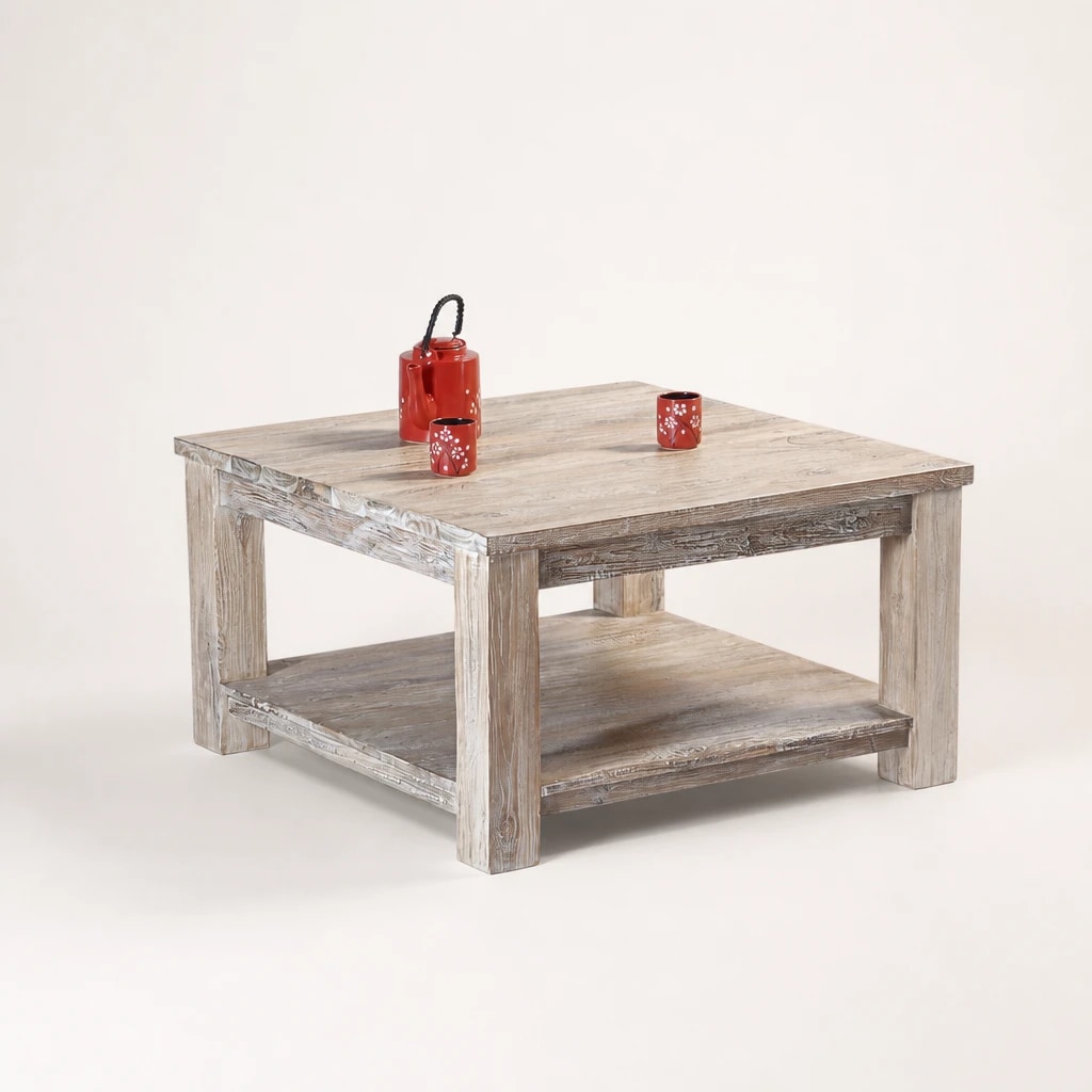 Rustic Square Teak Coffee Table with Shelf, custom furniture manufactured in Jepara, Indonesia - Image 1