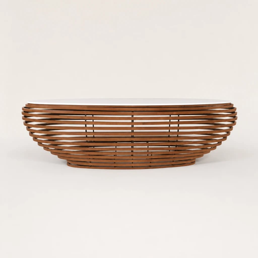 Slatted Curved Teak Reception Desk, custom furniture manufactured in Jepara, Indonesia - Image 1
