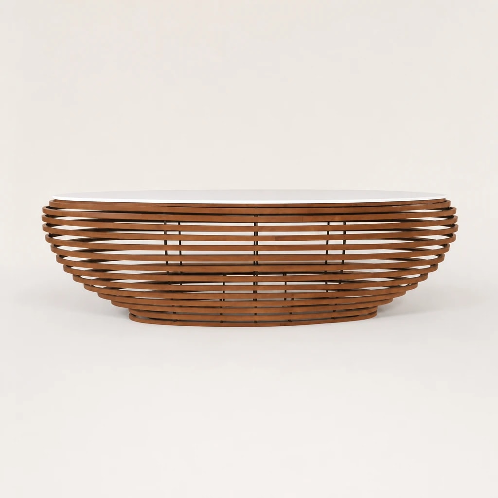 Slatted Curved Teak Reception Desk Slatted Curved Teak Reception Desk by Starwood Furniture Indonesia