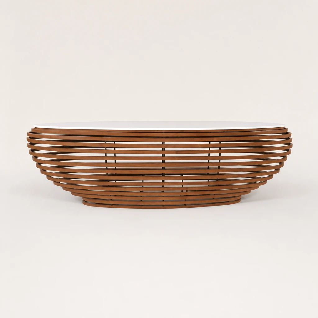 Slatted Curved Teak Reception Desk, custom furniture manufactured in Jepara, Indonesia - Image 1