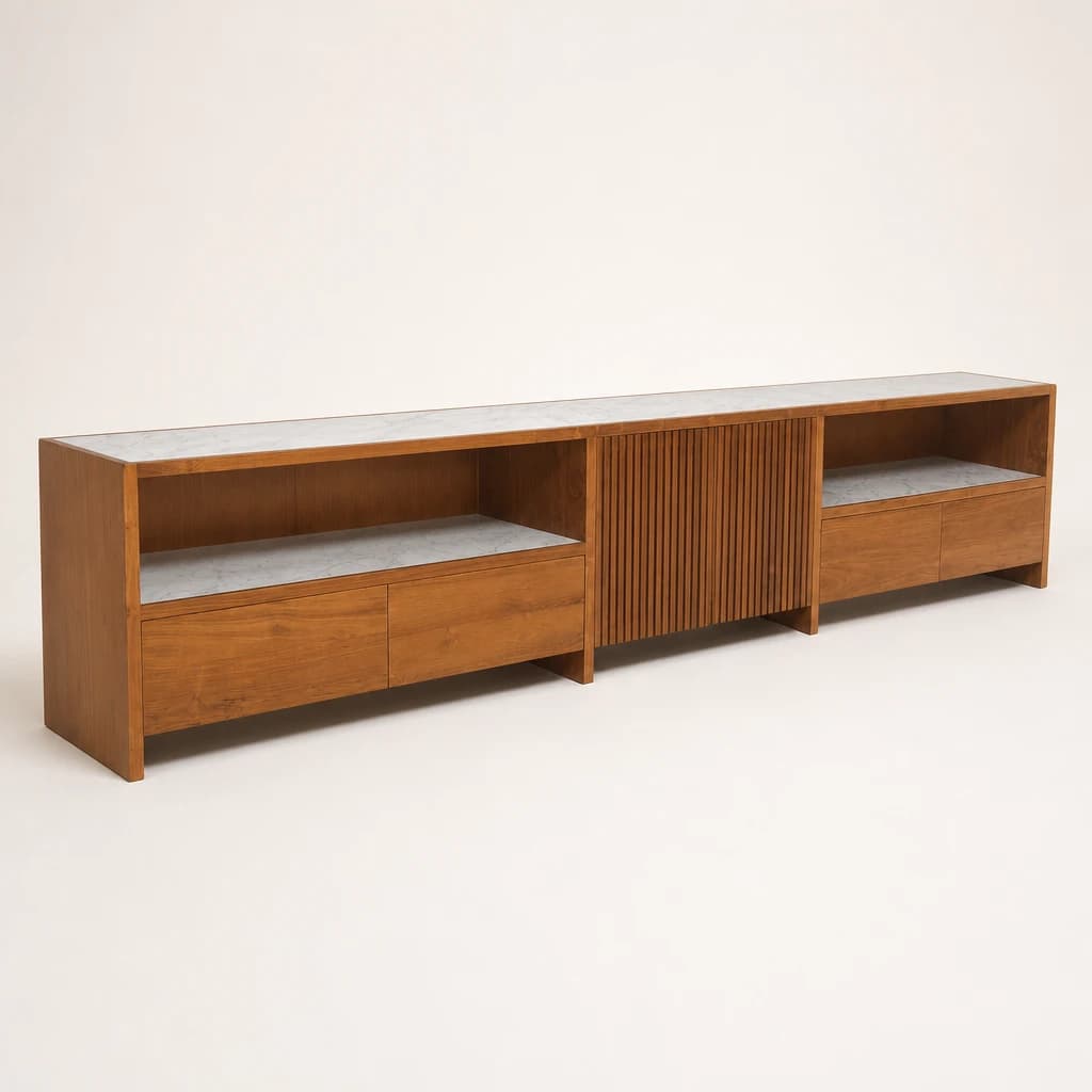 Slatted Sliding-Door Teak Media Unit, custom furniture manufactured in Jepara, Indonesia - Image 1