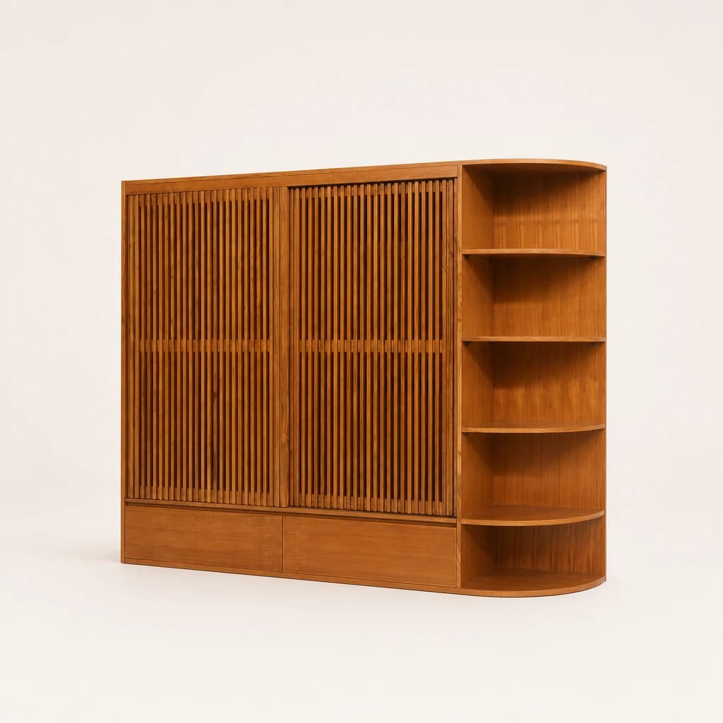 Slatted Teak Wardrobe with Open Shelves, custom furniture manufactured in Jepara, Indonesia - Image 1