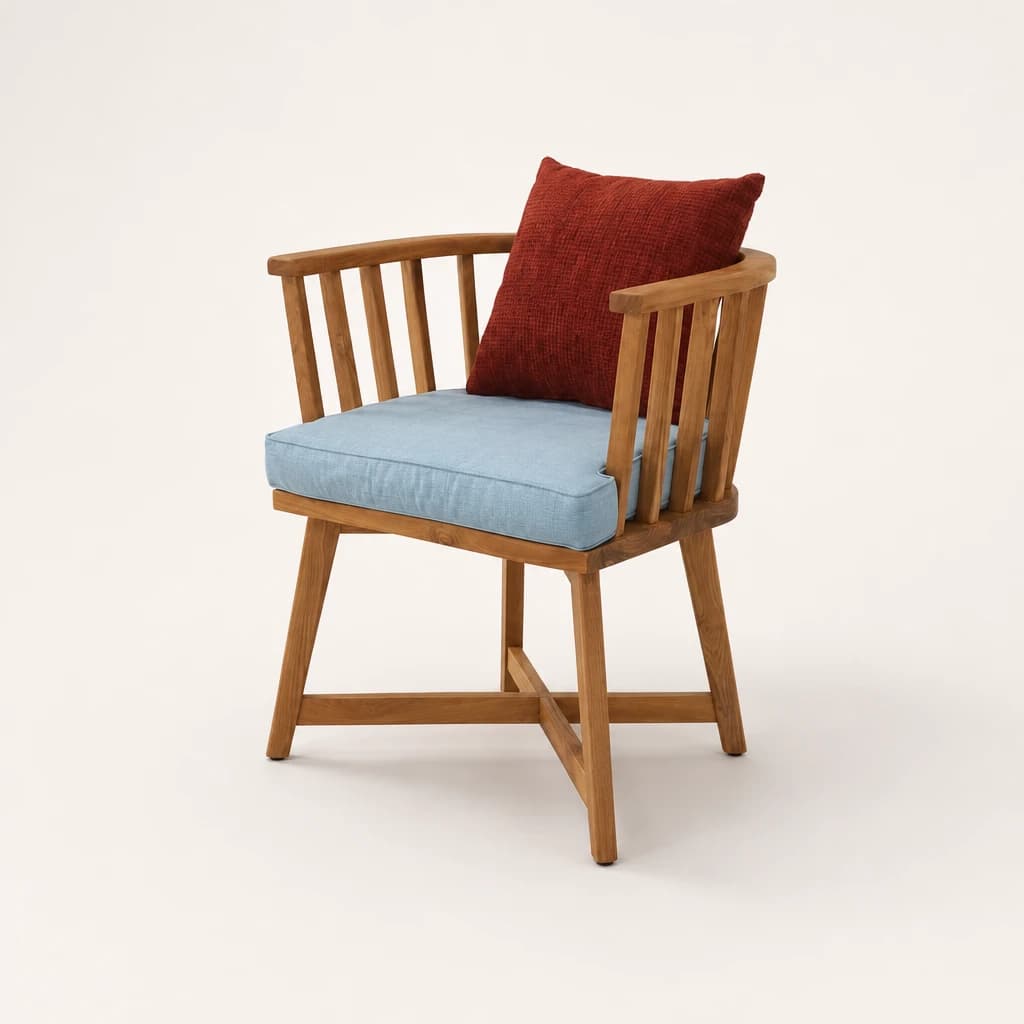 Spindle Back Upholstered Teak Dining Armchair, custom furniture manufactured in Jepara, Indonesia - Image 1