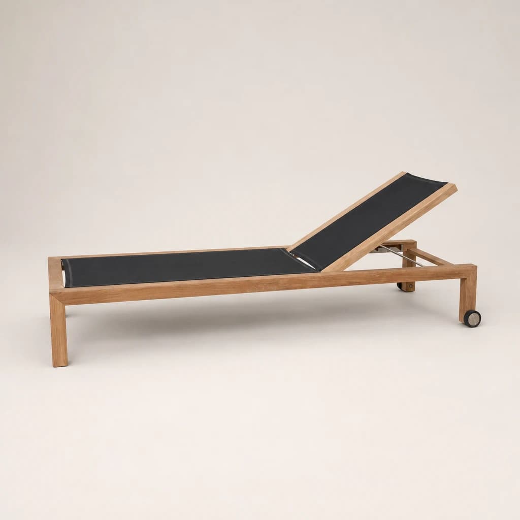 Wheeled Teak and Sling Sun Lounger, custom furniture manufactured in Jepara, Indonesia - Image 1
