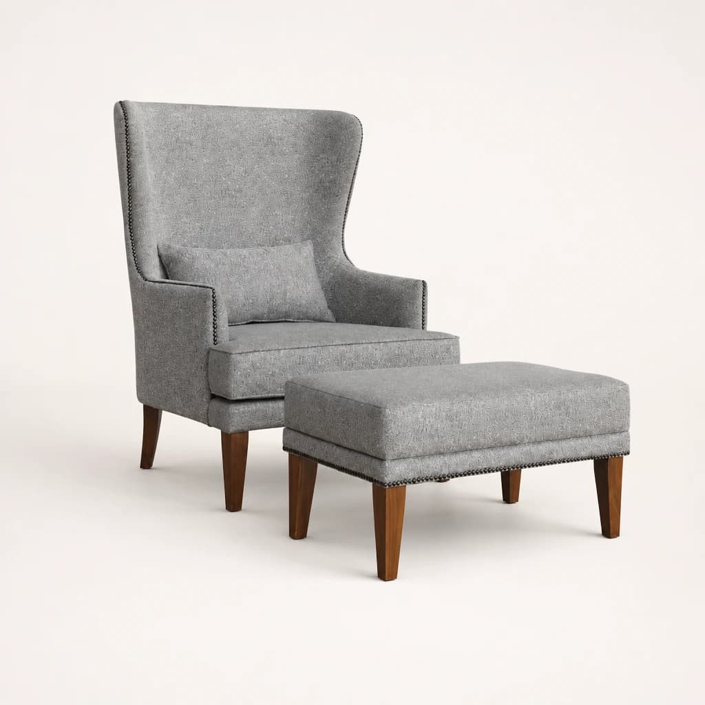 Wingback Upholstered Teak Lounge Chair, custom furniture manufactured in Jepara, Indonesia - Image 1