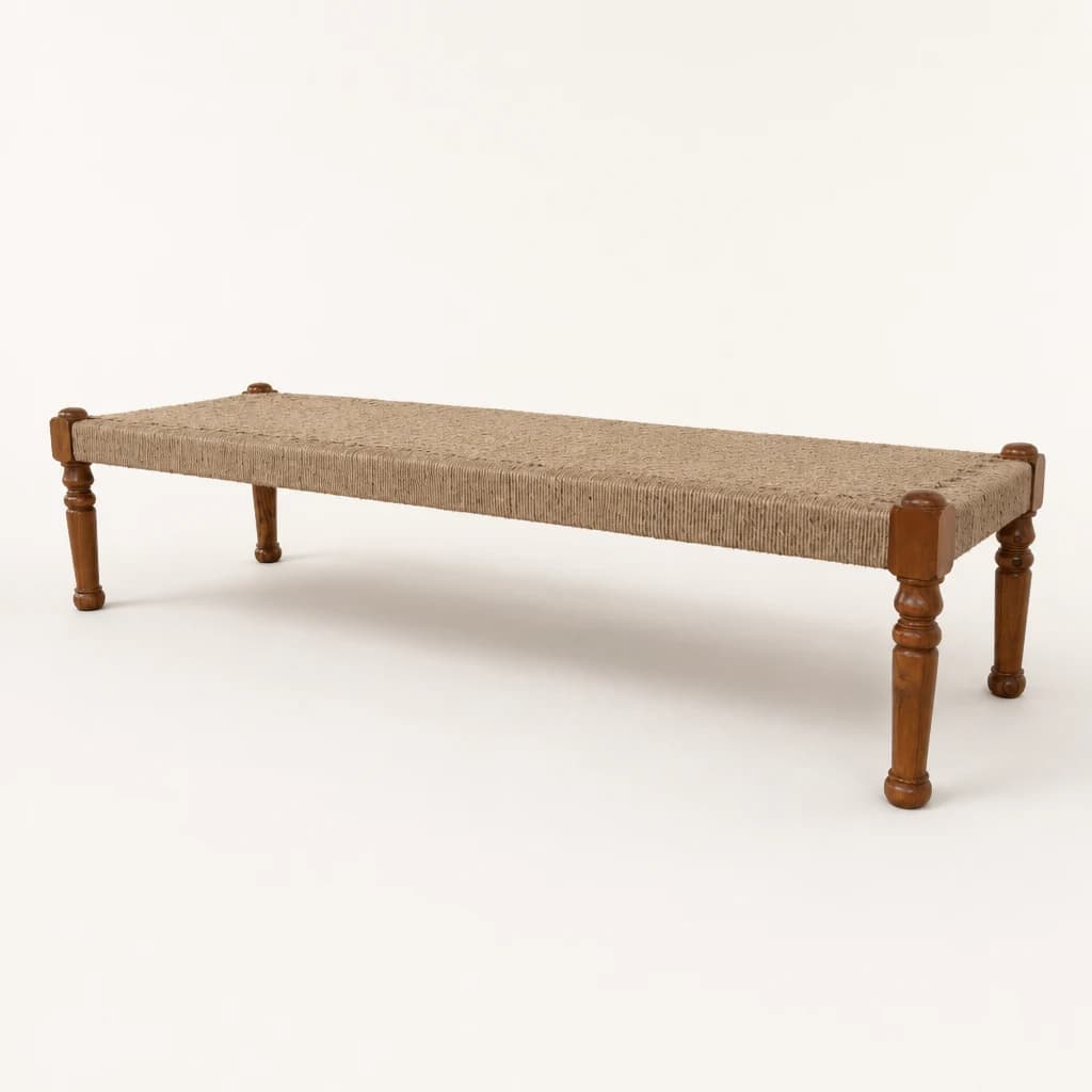 Woven Seat Turned-Leg Teak Bench by Starwood Furniture