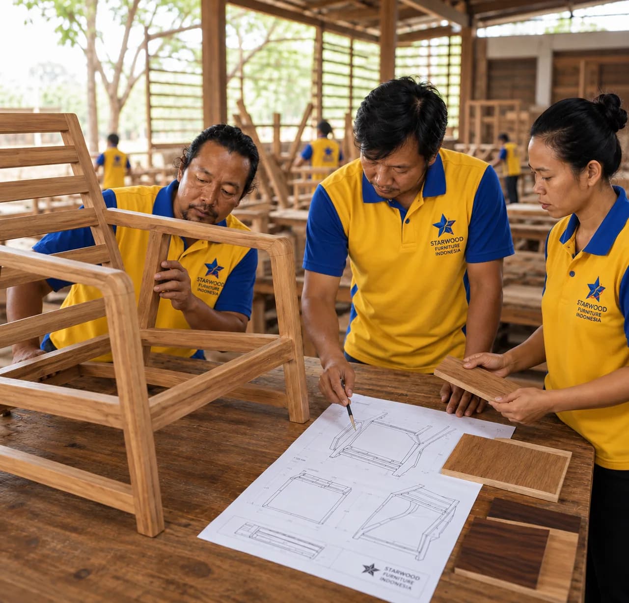 Editorial visualization of a furniture team reviewing a full-scale teak chair prototype in Jepara