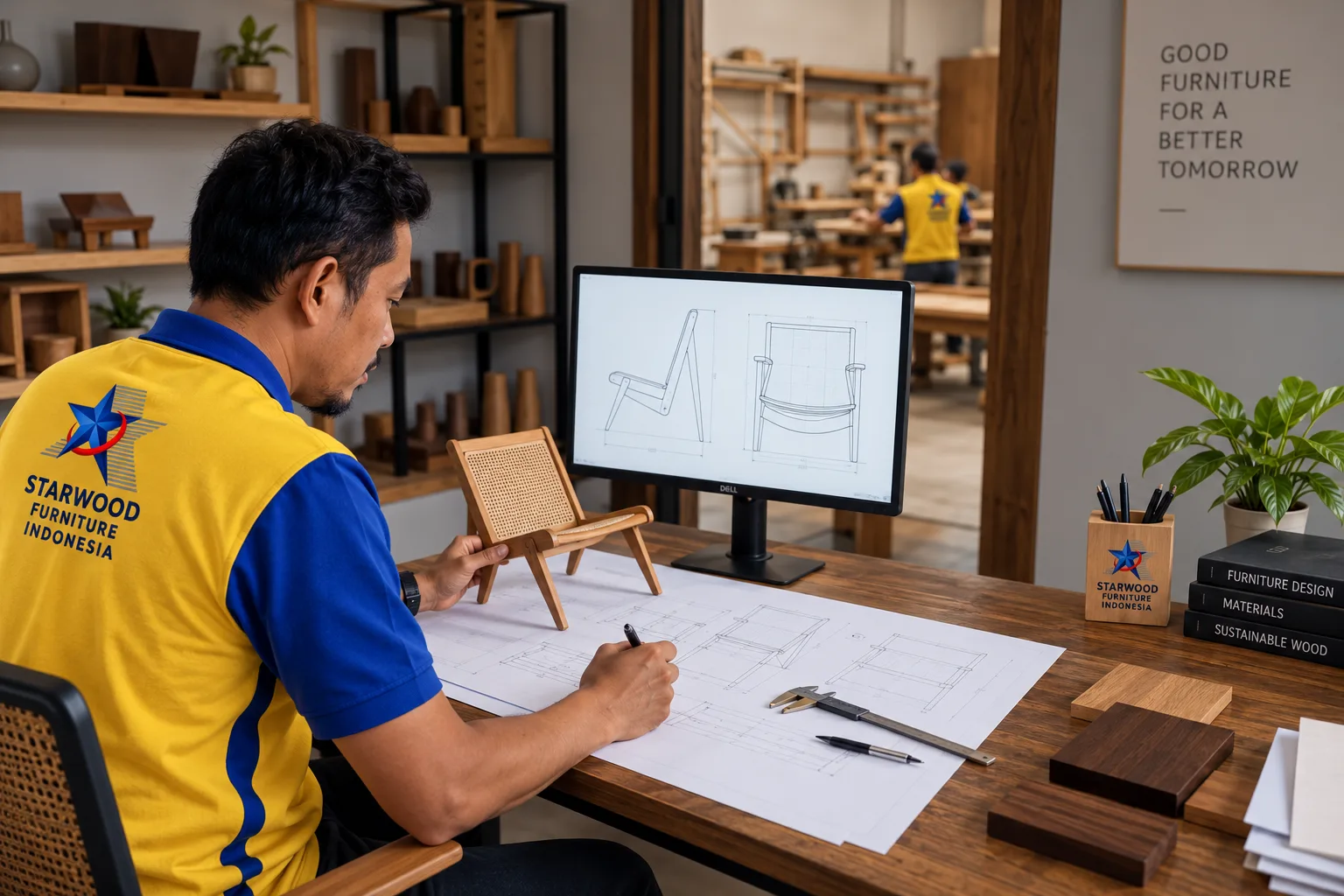 Editorial visualization of furniture design development with drawings, a scale model and digital linework