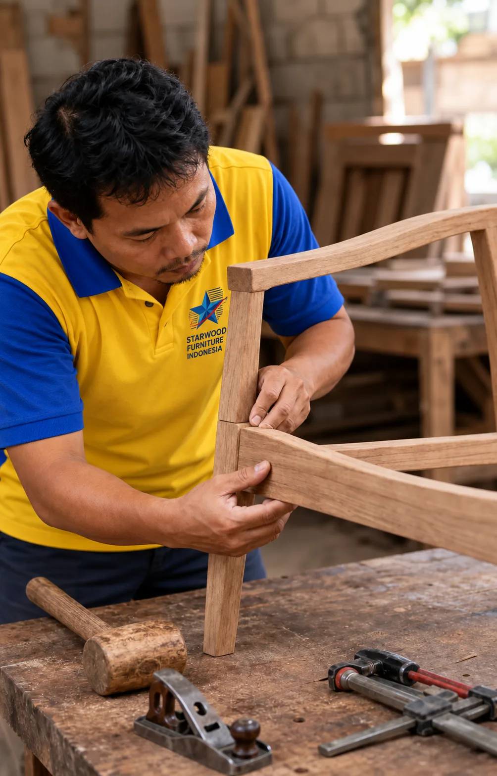 Editorial visualization of a furniture maker checking the fit of a teak chair prototype