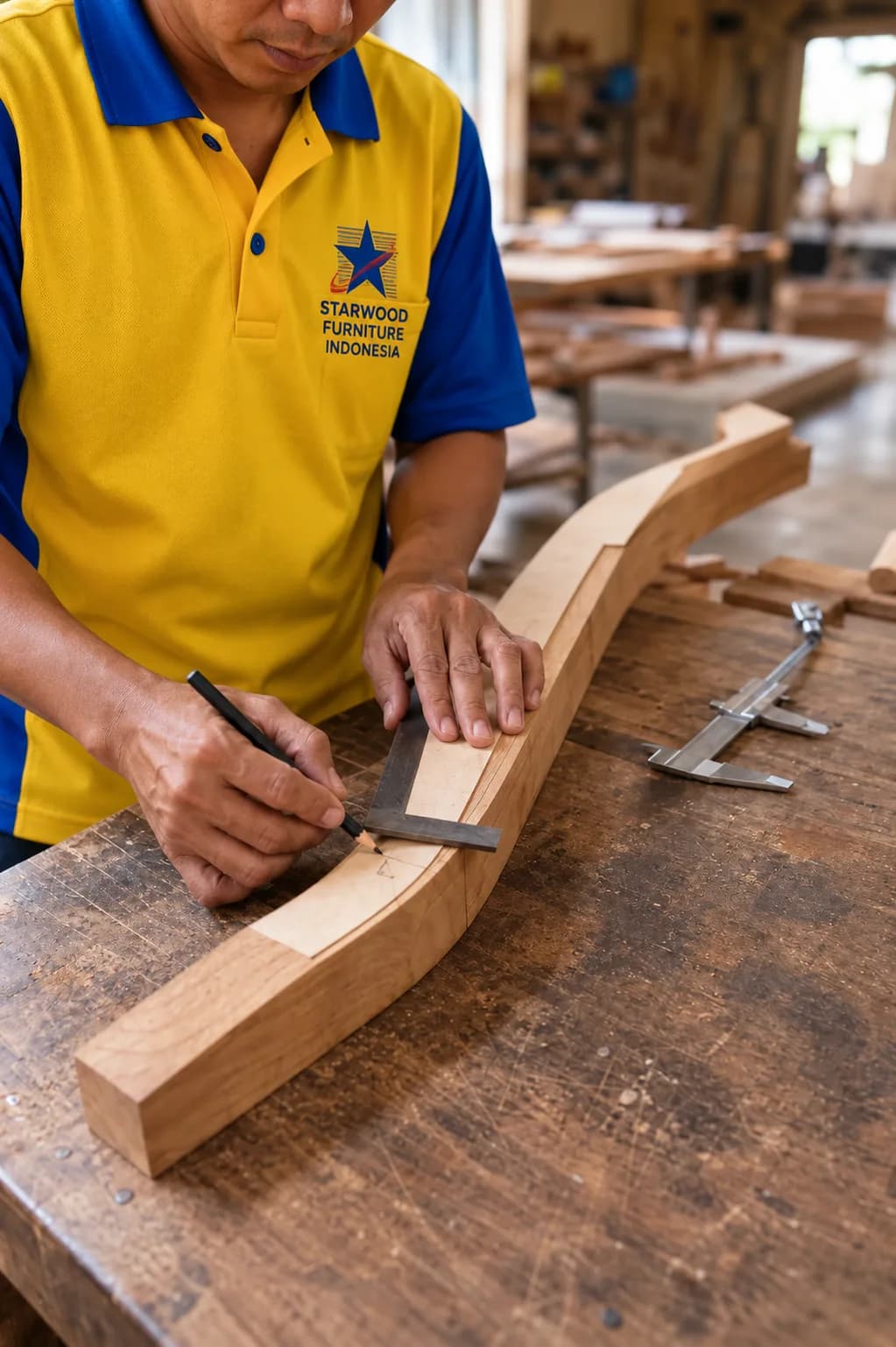 Editorial visualization of a furniture maker transferring a template onto a plantation teak component