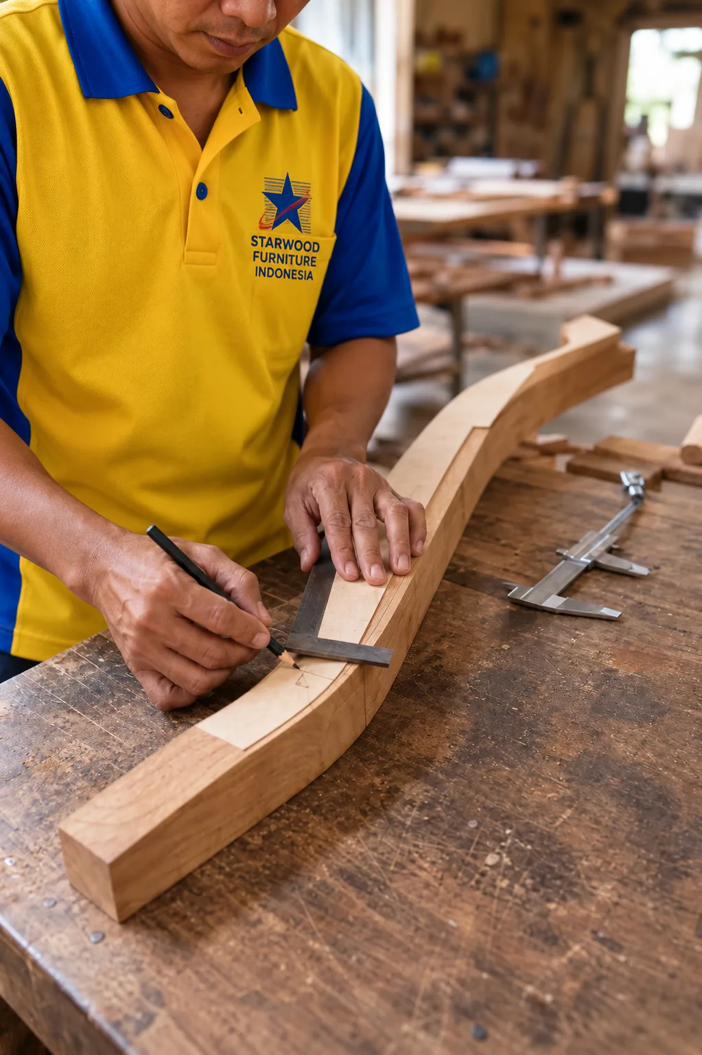 Editorial visualization of a furniture maker transferring a template onto a plantation teak component