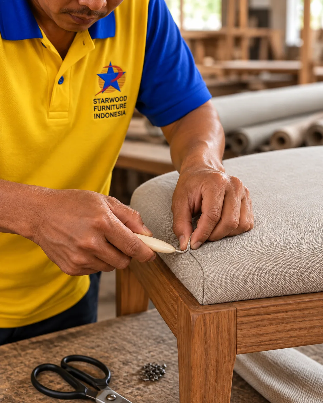Editorial visualization of tailored upholstery detailing on a teak hospitality chair
