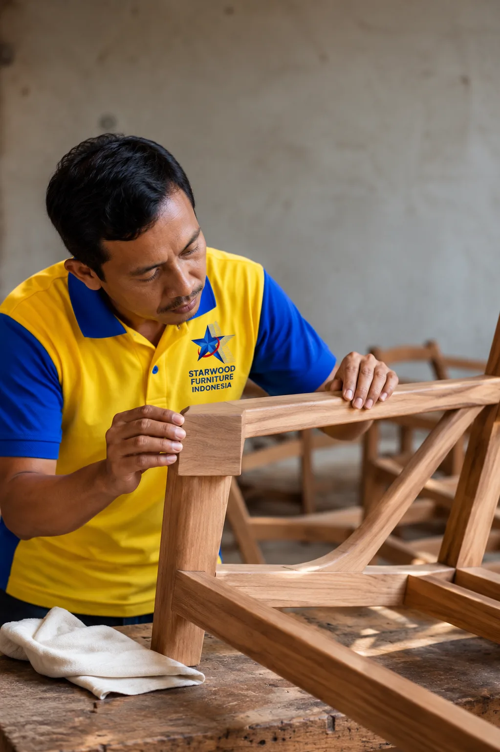 Editorial visualization of a furniture specialist comparing a teak finish sample with a chair frame