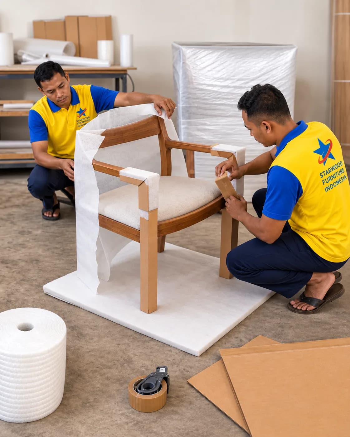 Editorial visualization of a teak hospitality chair being protected for transport