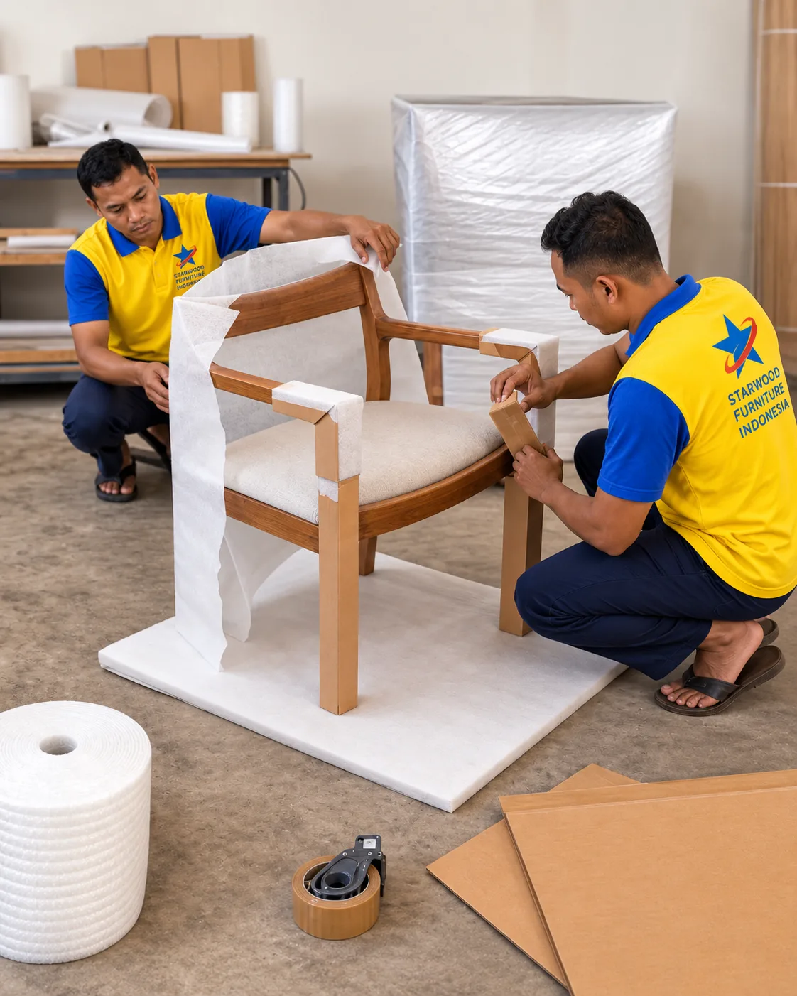 Editorial visualization of a teak hospitality chair being protected for transport