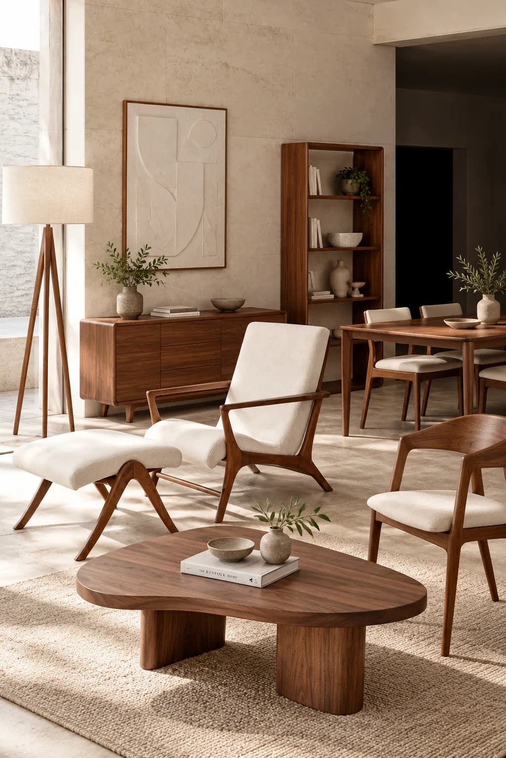 Sculpted Teak Lounge Chair and Ottoman in a quiet architectural interior