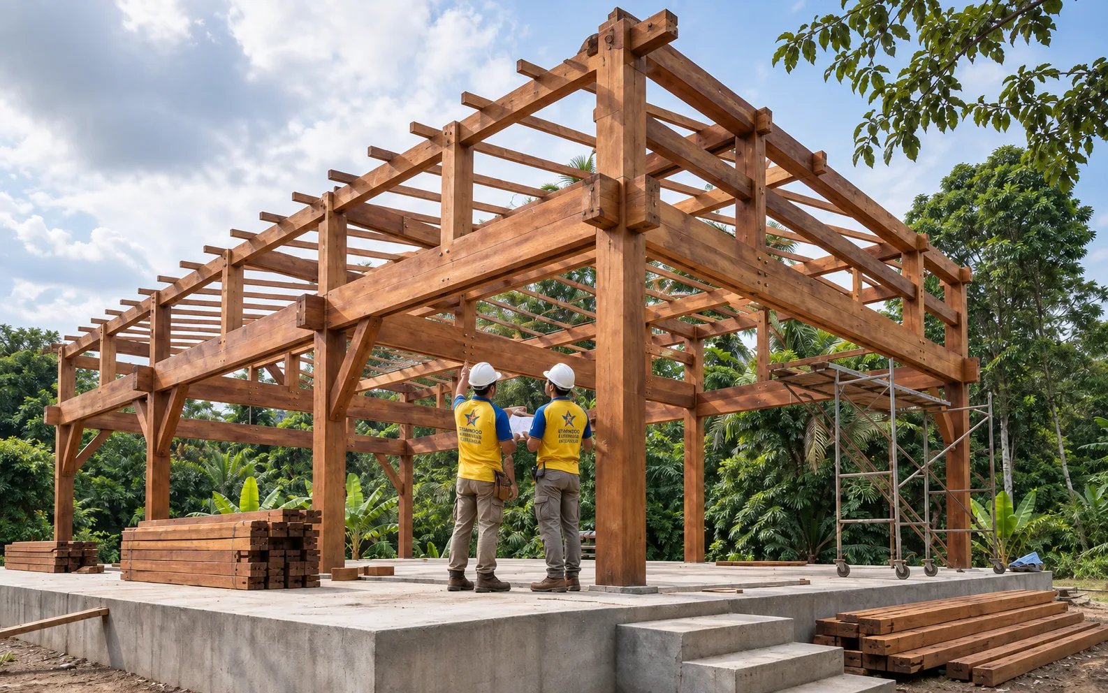 Editorial visualization of a Bangkirai post-and-beam timber structure under assembly in Indonesia