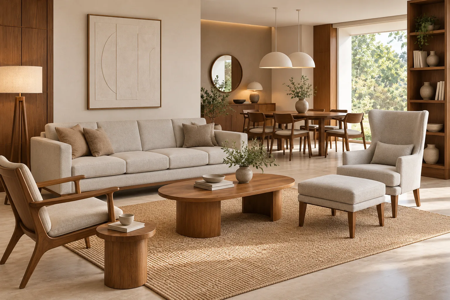 Starwood teak sofa, coffee table and wingback chair in a hospitality lounge
